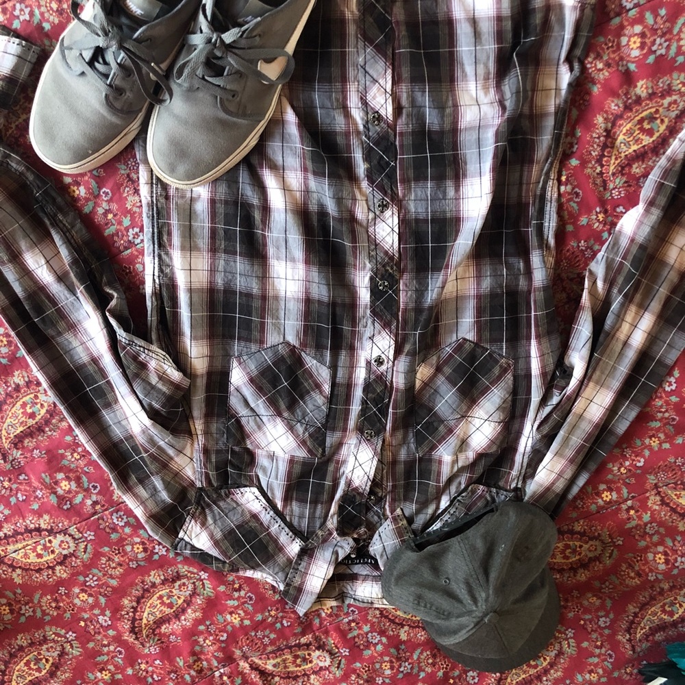 grey plaid button down